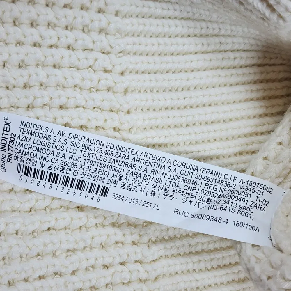 Zara Men's Cream Chunky‎ Knit Sweater Size L Cotton Crewneck Pullover